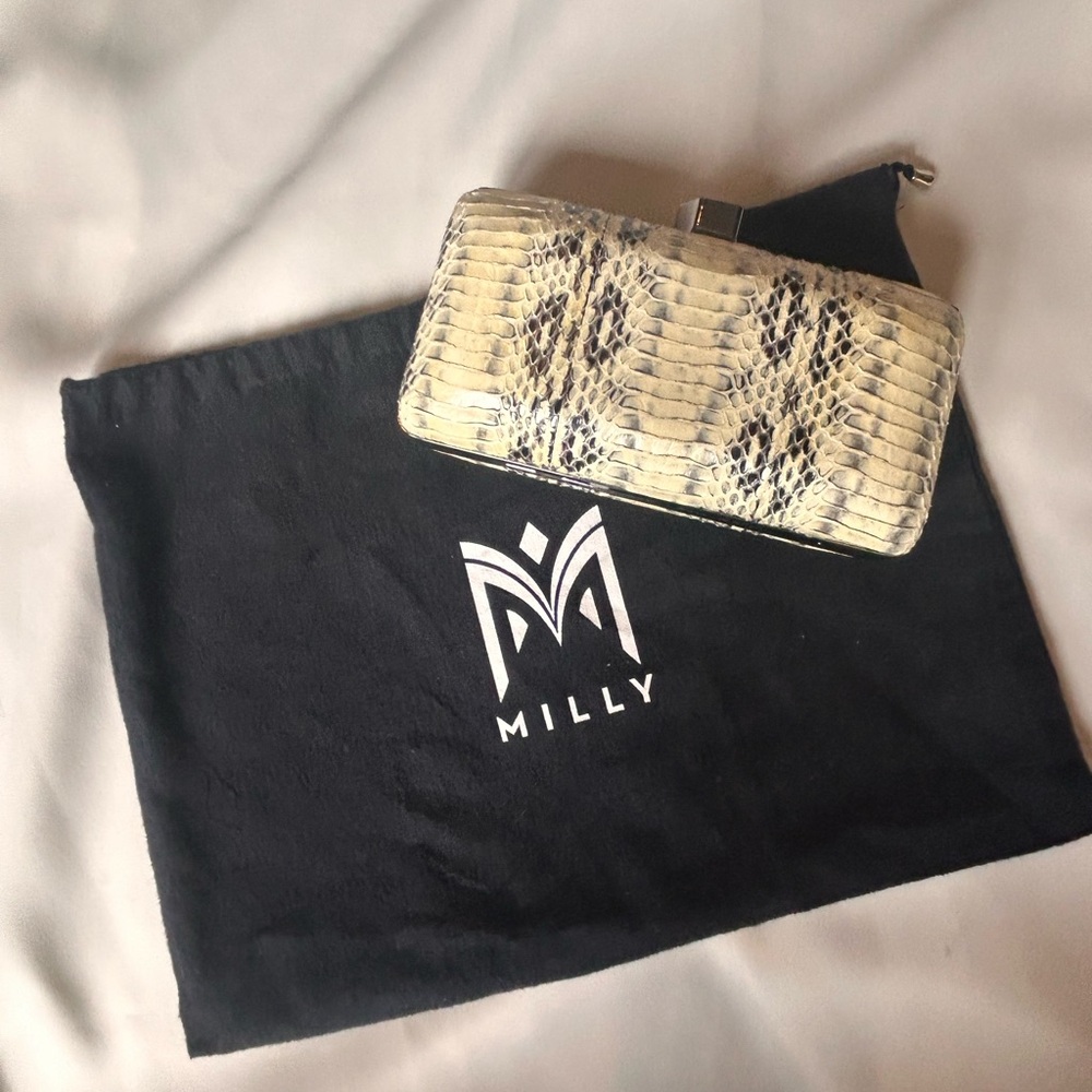 Milly Cream and Black Snakeskin Clutch